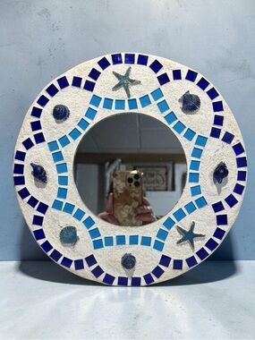Coastal Mosaic Mirror Seashell Starfish Blue Tile Beach Decor Round Wall Art 12”